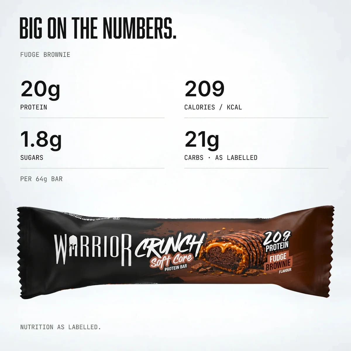 Warrior Crunch Soft Core Protein Bar, Fudge Brownie: nutrition per bar