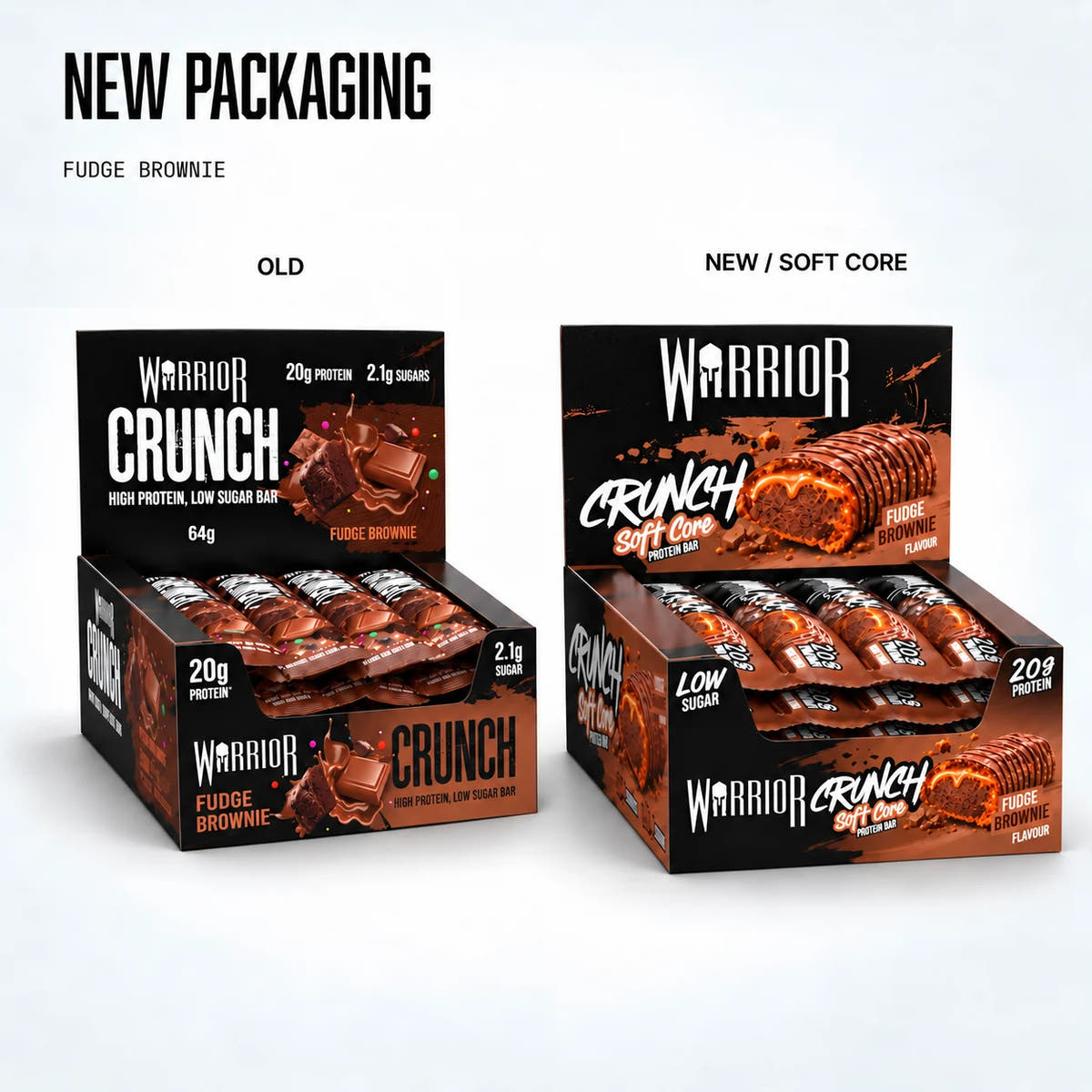 Warrior Crunch Soft Core Protein Bar, Fudge Brownie: new packaging, old vs new