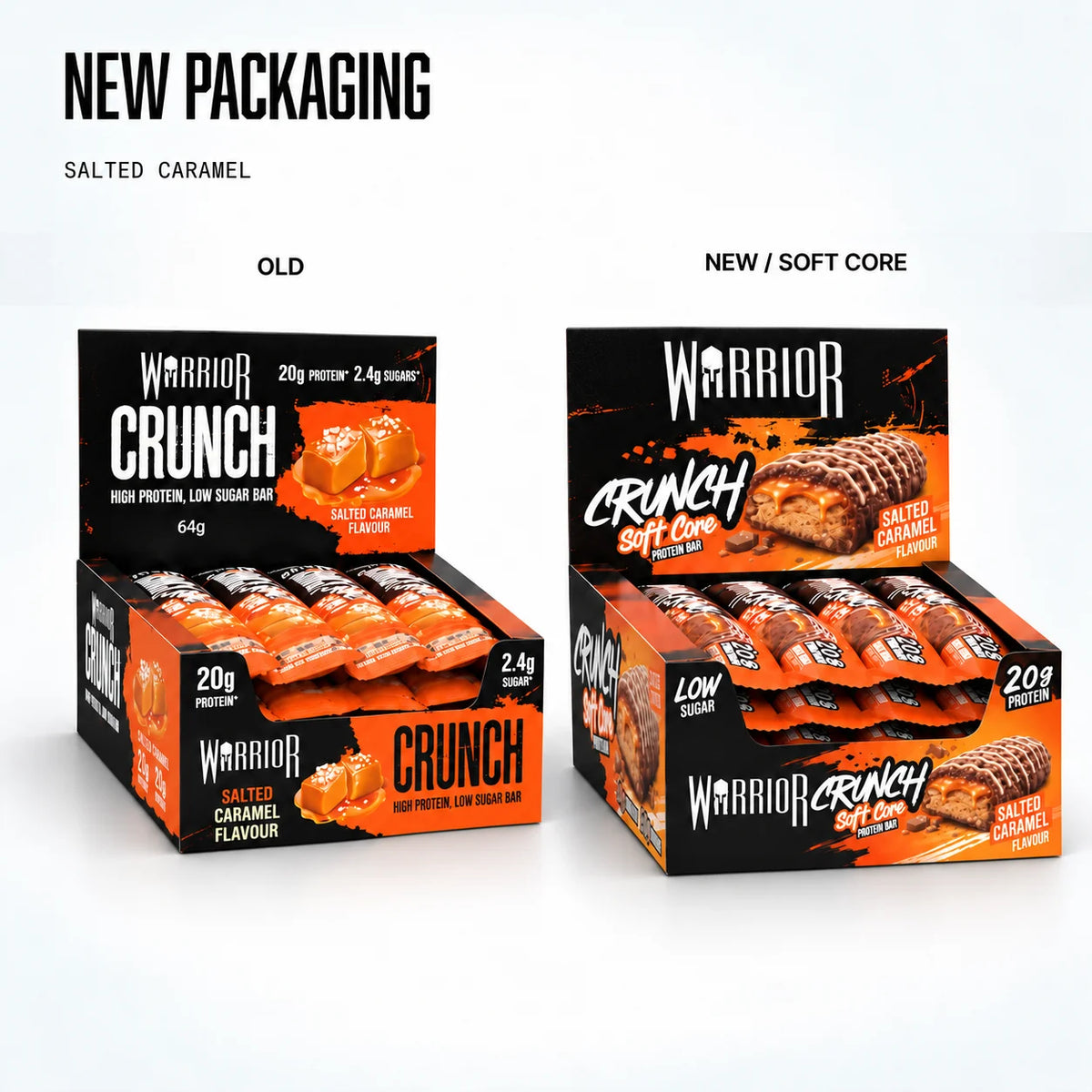 Warrior Crunch Soft Core Protein Bar, Salted Caramel: new packaging, old vs new