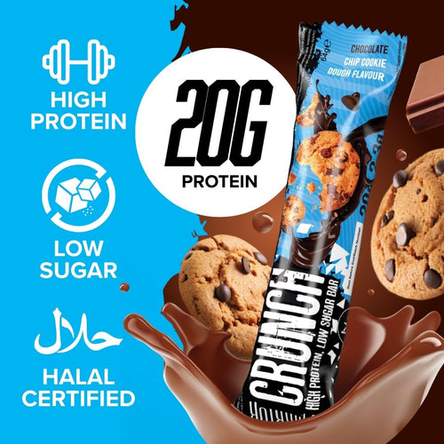 Warrior Crunch Chocolate Chip Cookie Dough protein bar wrapper with 20g protein, low sugar and Halal certified badges