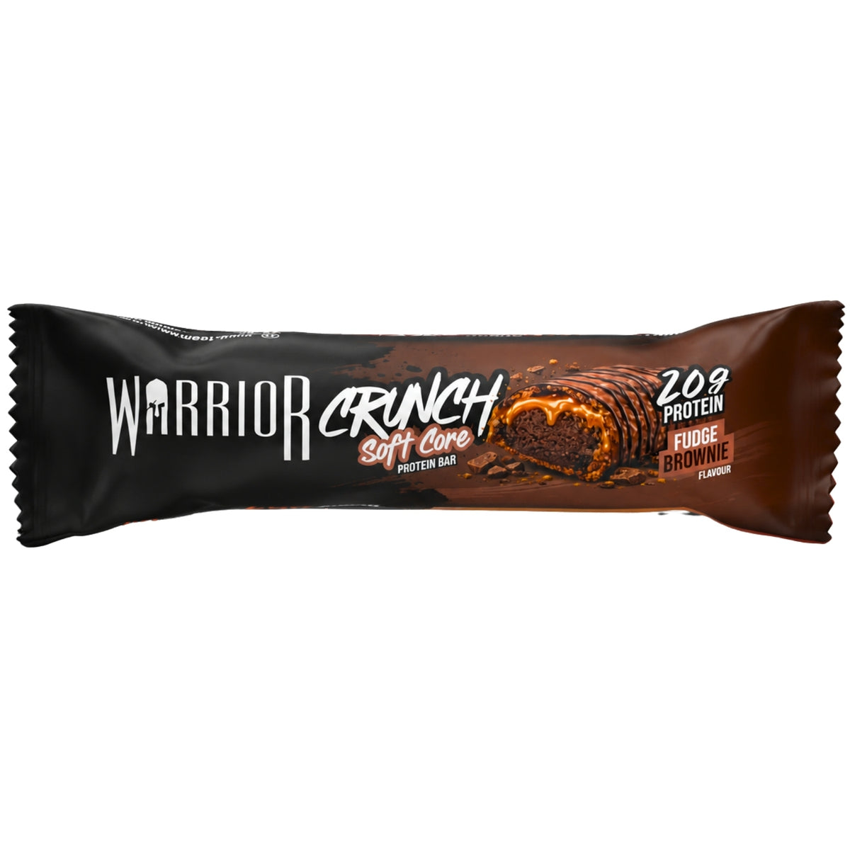 Warrior Crunch Soft Core Fudge Brownie protein bar wrapper, black and brown pack with a 20g Protein badge, on a white background.