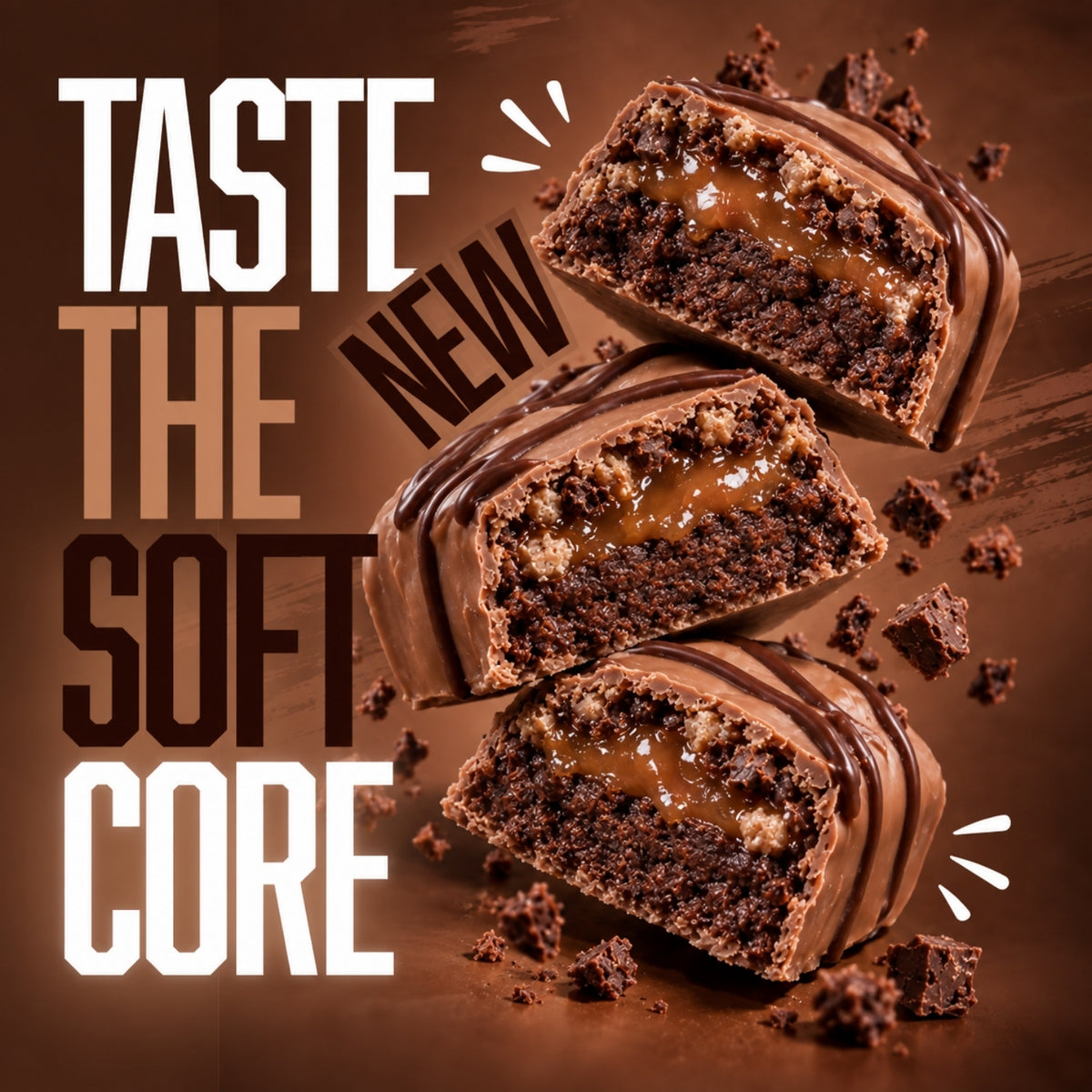 Warrior Crunch Fudge Brownie protein bars, three pieces cut open to show the soft dough and caramel centre with chocolate pieces, alongside the tagline 'Taste the New Soft Core'.