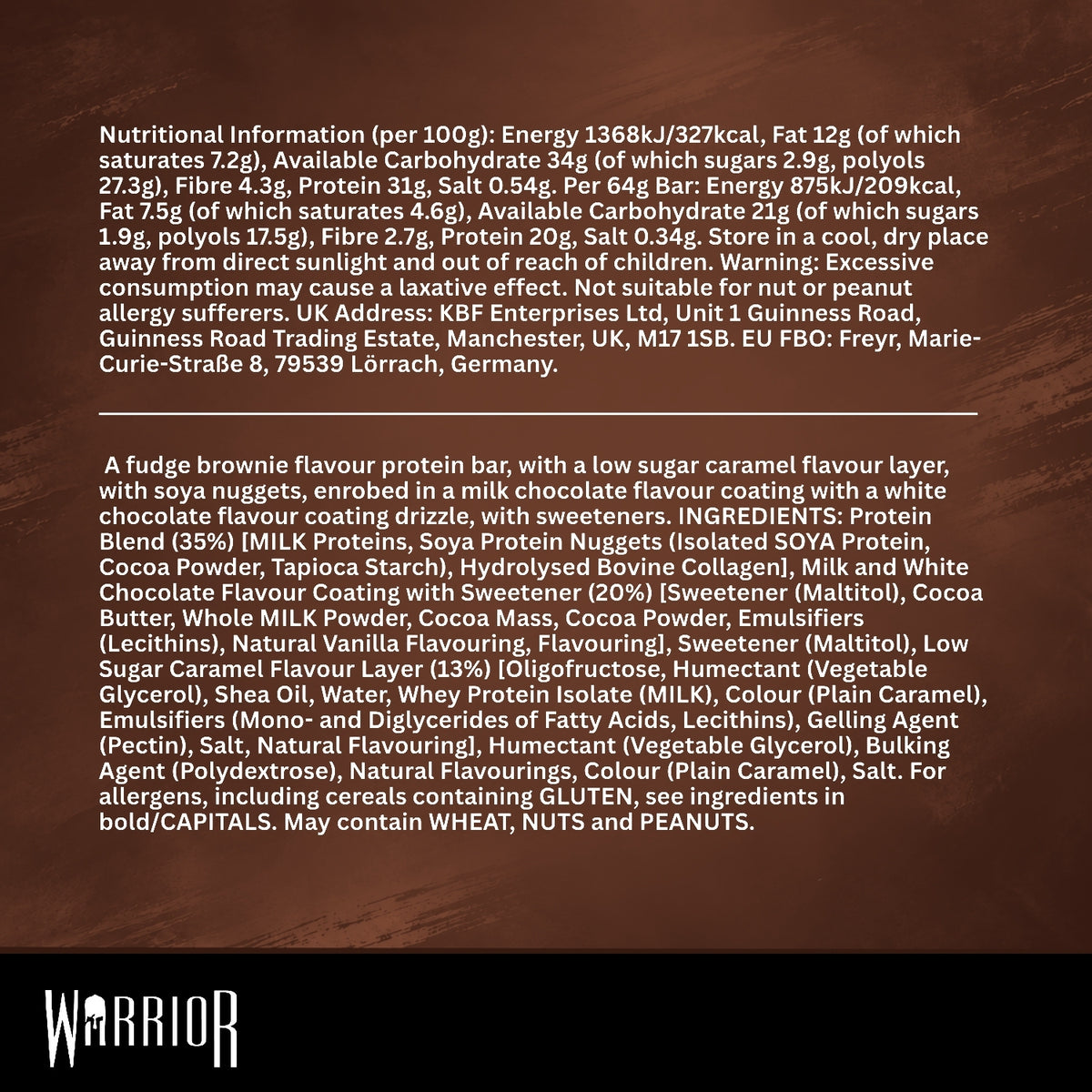 Warrior Crunch Fudge Brownie protein bar nutritional information and ingredients panel, 20g protein, 2.7g fibre and 1.9g sugar per 64g bar, made in the UK.