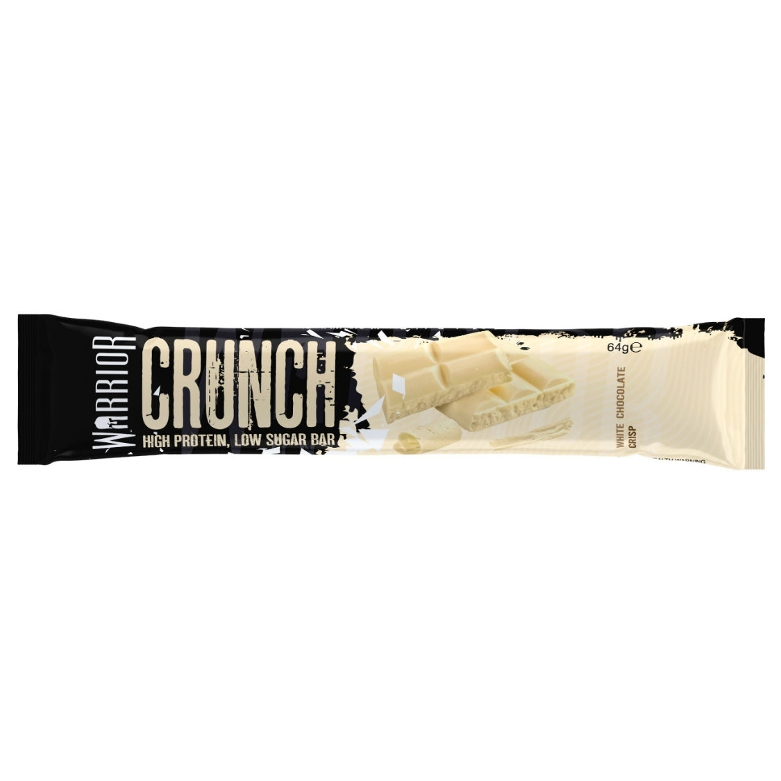 Warrior Crunch High Protein Low Sugar Bar White Chocolate Crisp flavour wrapper laid flat showing 64g pack size