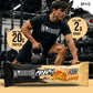 Warrior Crunch Soft Core White Chocolate protein bar wrapper on a gym floor, with a man in Warrior kit holding a kettlebell behind it and callouts for more than 20g protein and less than 2g sugar.