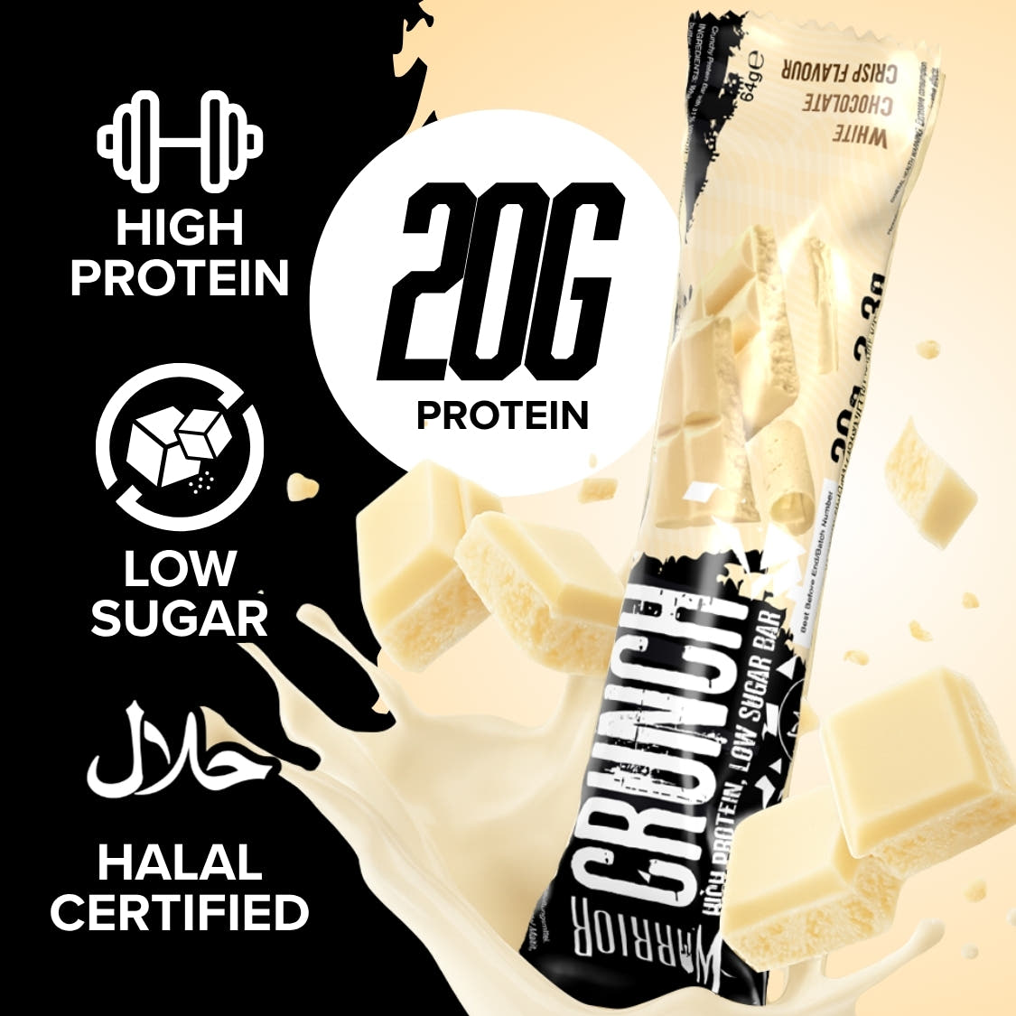 Warrior Crunch White Chocolate Crisp flavour bar shown with milk splash, chocolate chunks, and Halal certified icon