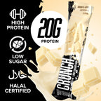 Warrior Crunch White Chocolate Crisp flavour bar shown with milk splash, chocolate chunks, and Halal certified icon