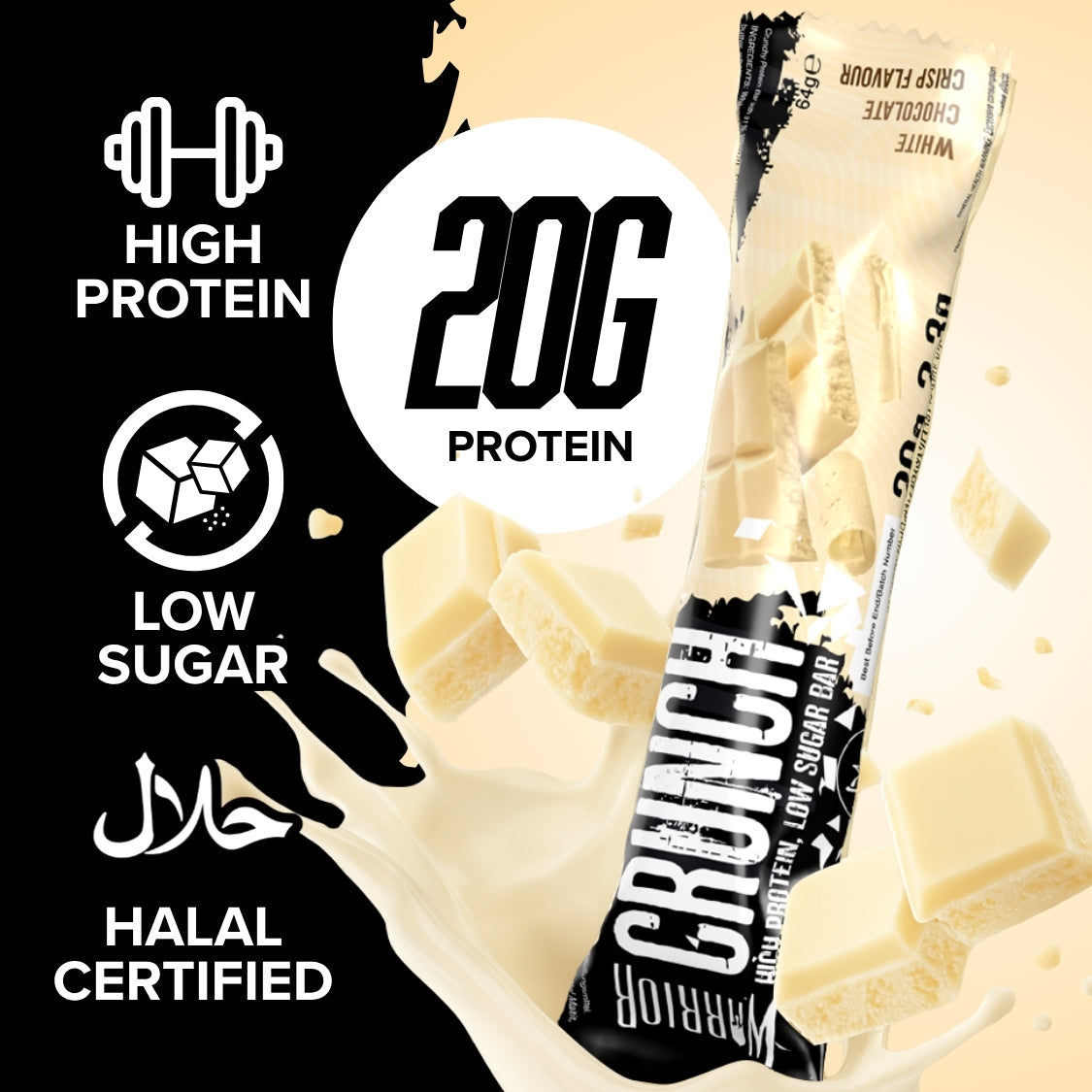 Warrior Crunch White Chocolate Crisp flavour bar shown with milk splash, chocolate chunks, and Halal certified icon