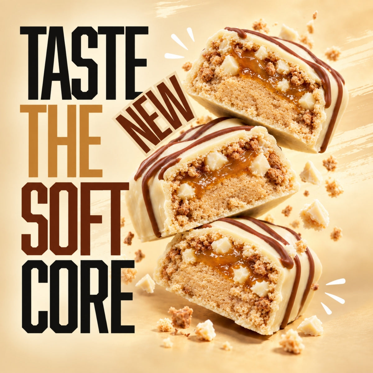 Warrior Crunch White Chocolate protein bars, three pieces cut open to show the soft dough and caramel centre with white chocolate pieces, alongside the tagline 'Taste the New Soft Core'.