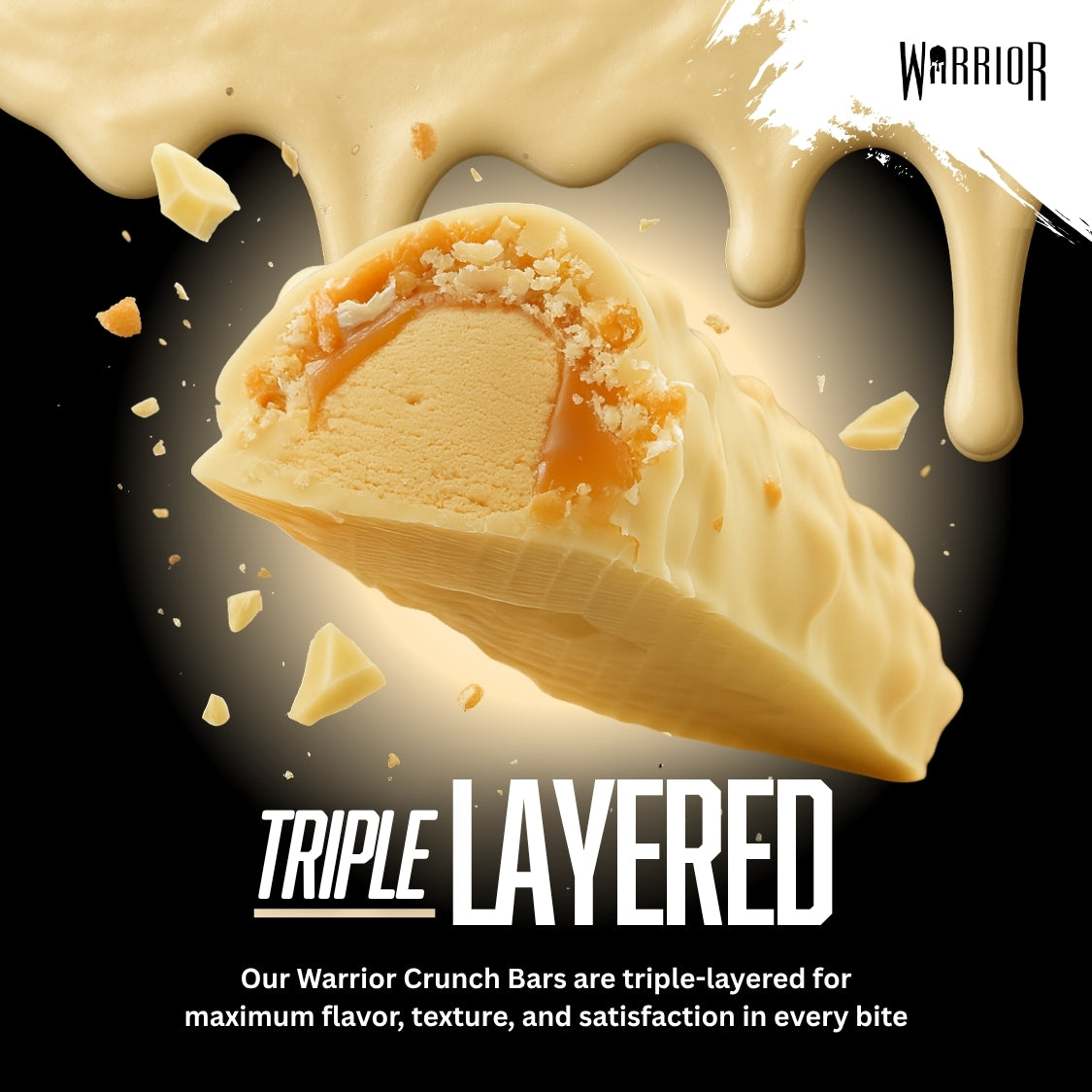 Warrior Crunch Protein Bar Chocolate Chip Cookie Dough flavour wrapper featuring a chocolate chip cookie and drizzle