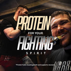 Warrior Crunch Protein Bar promo image pairing fighter and a man mid-bite, headline Protein For Your Fighting Spirit