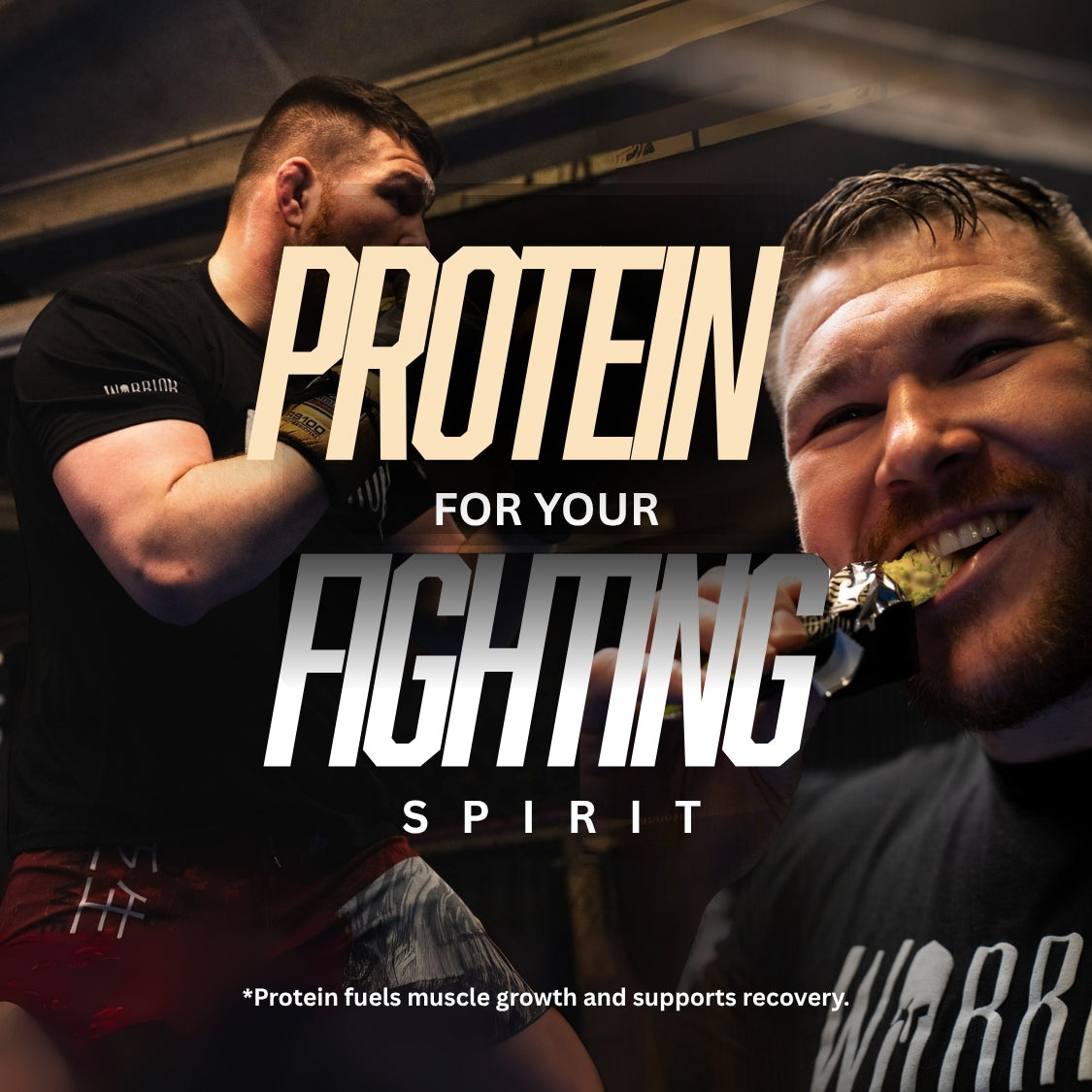 Warrior Crunch Protein Bar promo image pairing fighter and a man mid-bite, headline Protein For Your Fighting Spirit