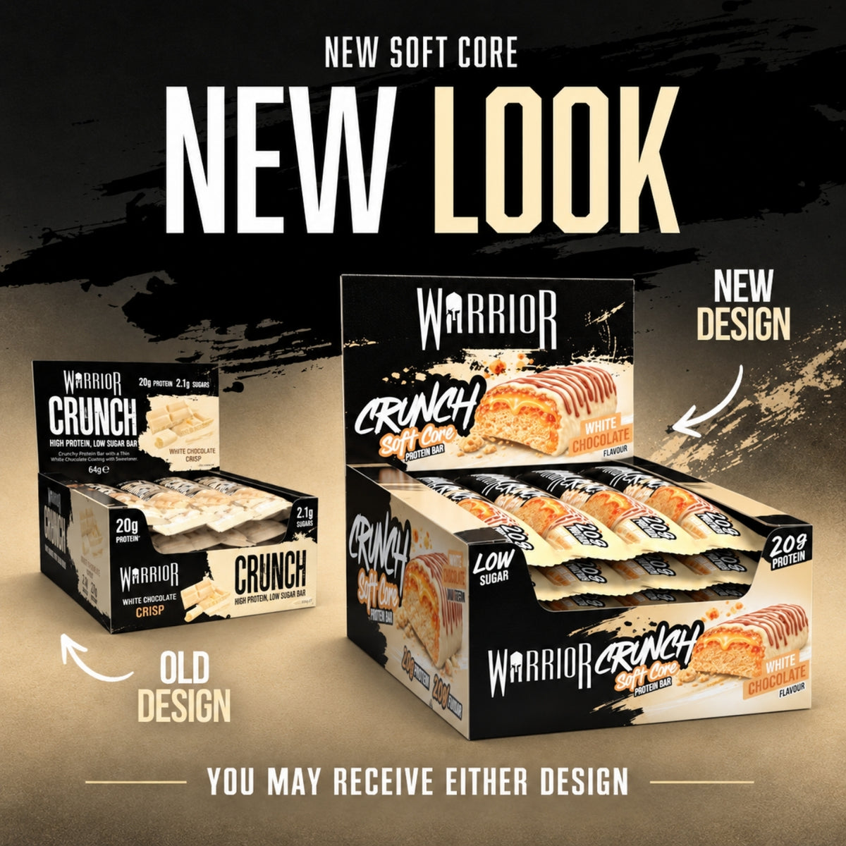 Warrior Crunch White Chocolate protein bar retail display graphic comparing the old 'Crisp' design box and the new 'Soft Core' design box, with the text 'You may receive either design'.