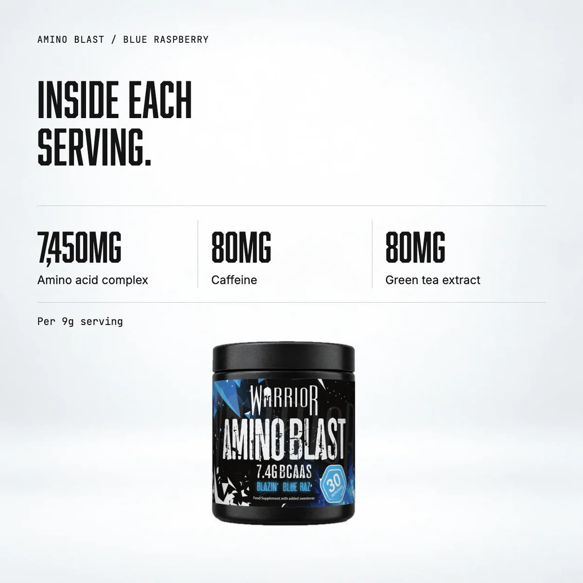 Warrior Amino Blast BCAA + Energy Powder – 270g (30 Servings), Blue Raspberry: macro callout
