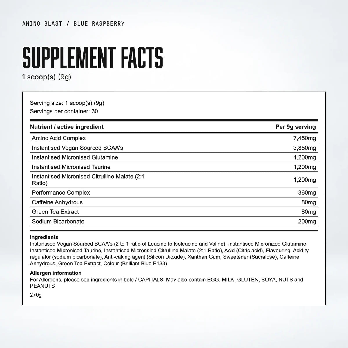 Warrior Amino Blast BCAA + Energy Powder – 270g (30 Servings), Blue Raspberry: supplement facts