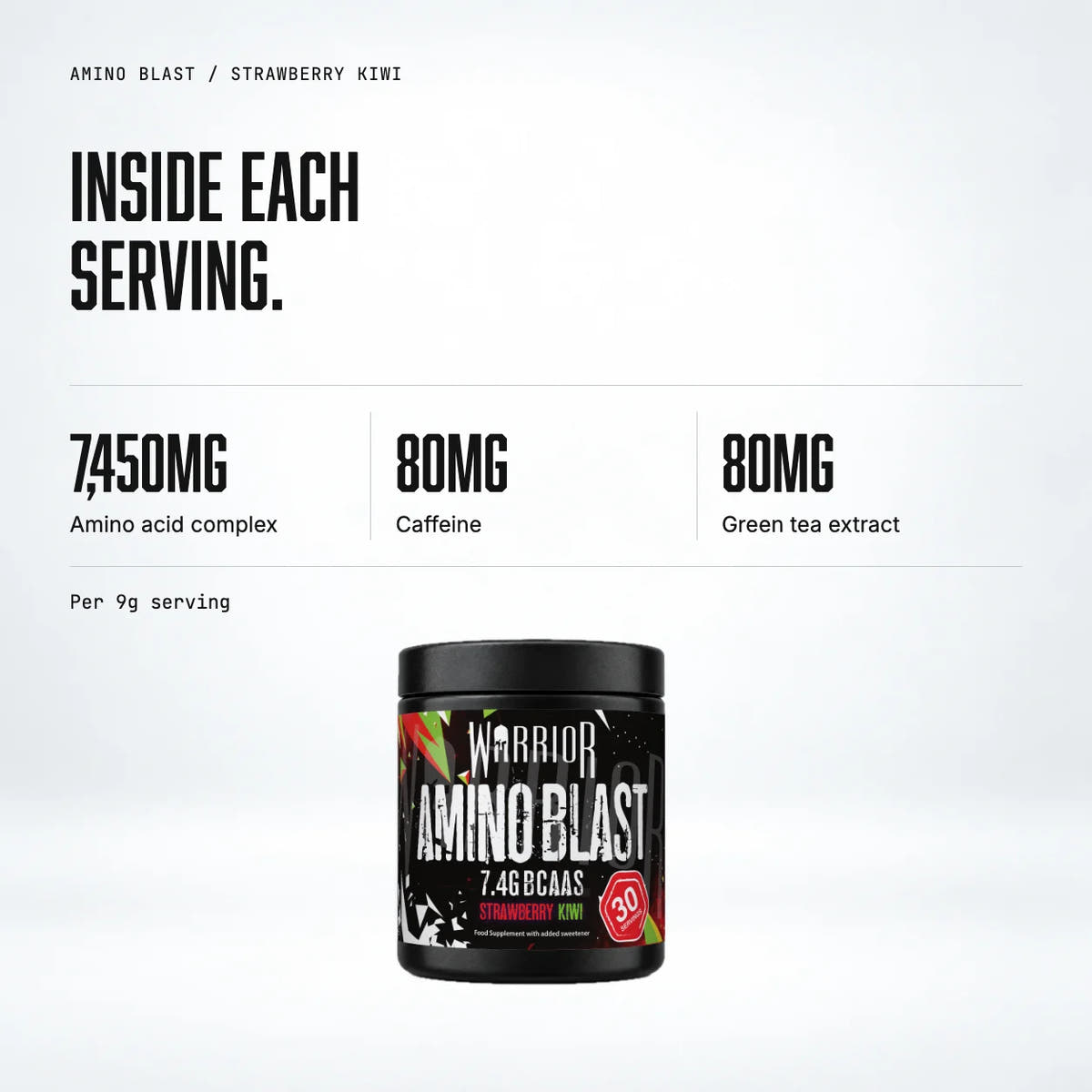 Warrior Amino Blast BCAA + Energy Powder – 270g (30 Servings), Strawberry Kiwi: macro callout
