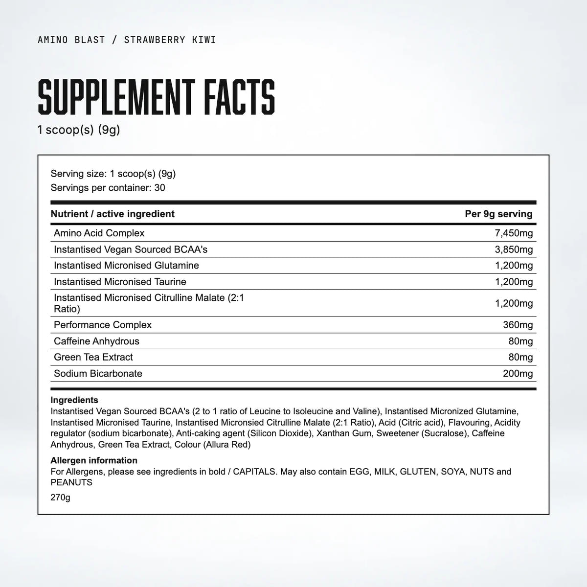 Warrior Amino Blast BCAA + Energy Powder – 270g (30 Servings), Strawberry Kiwi: supplement facts