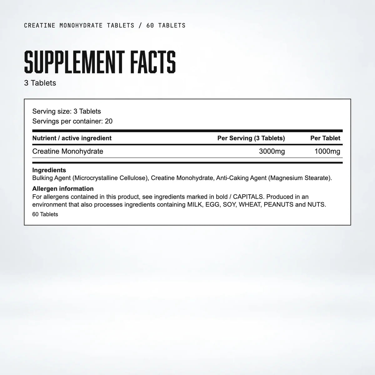 Warrior Creatine Monohydrate Tablets, 60 Tabs: supplement facts