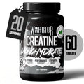 Warrior Creatine Monohydrate 60 Tablets bottle, 20 Servings hangtag, Power Output Performance Support Strength Boost tagline