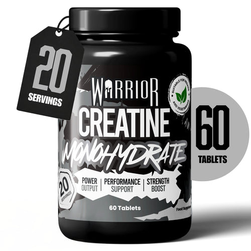 Warrior Creatine Monohydrate 60 Tablets bottle, 20 Servings hangtag, Power Output Performance Support Strength Boost tagline