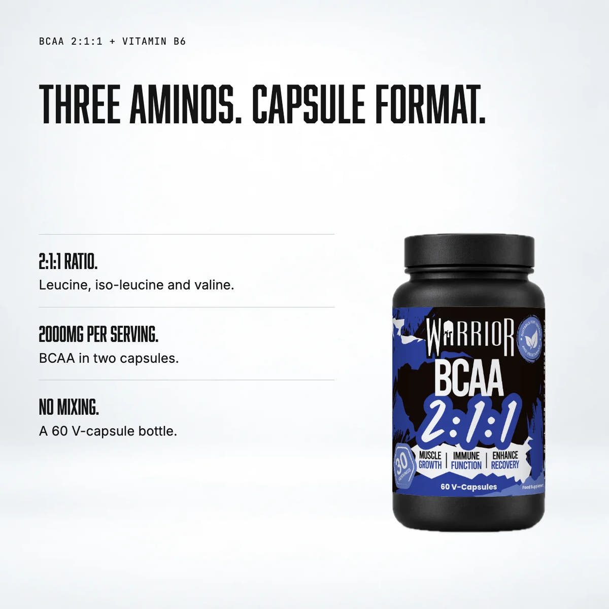 Warrior BCAA 2:1:1 – 2000mg with Vitamin B6 – 60 Vegan Capsules: benefits
