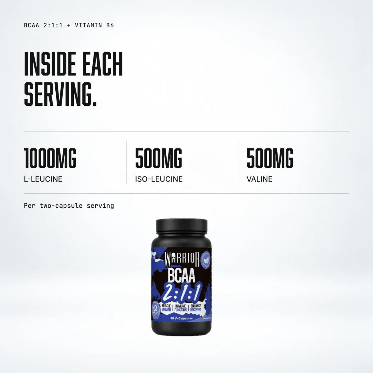 Warrior BCAA 2:1:1 – 2000mg with Vitamin B6 – 60 Vegan Capsules: macro callout