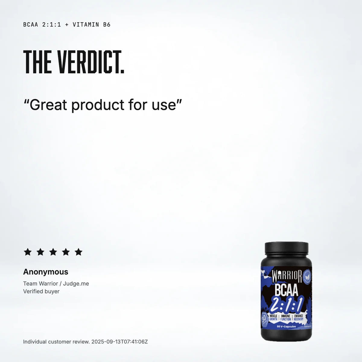 Warrior BCAA 2:1:1 – 2000mg with Vitamin B6 – 60 Vegan Capsules: customer review