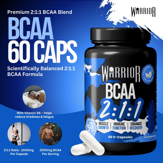 Warrior BCAA 2:1:1 graphic - 60 capsules, 2000mg BCAA per serving, with Vitamin B6 to help reduce tiredness and fatigue