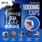 Warrior BCAA 2:1:1 graphic showing a 1000mg capsule, highlighting the 2:1:1 leucine-isoleucine-valine ratio and Vitamin B6 for fatigue reduction and protein metabolism