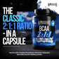 Warrior BCAA 2:1:1 bottle with text explaining the 2:1:1 ratio matches the balance of leucine, isoleucine and valine found in dietary protein