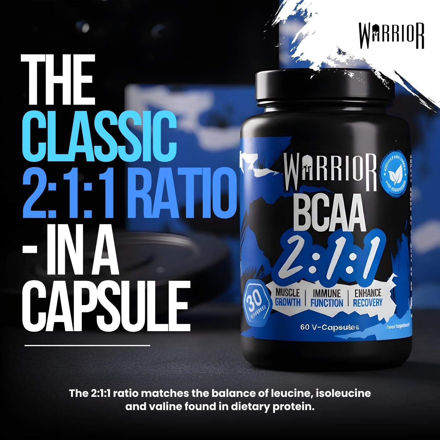 Warrior BCAA 2:1:1 bottle with text explaining the 2:1:1 ratio matches the balance of leucine, isoleucine and valine found in dietary protein