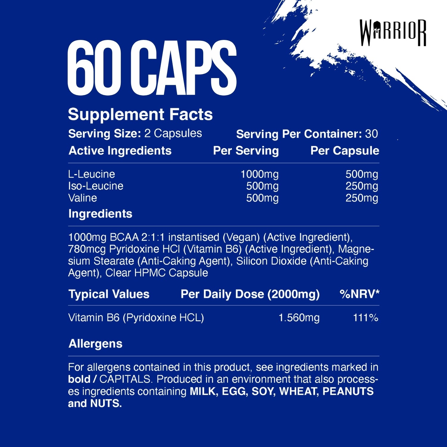 Warrior BCAA 2:1:1 supplement facts panel listing serving size, active ingredients, Vitamin B6 content and allergen information