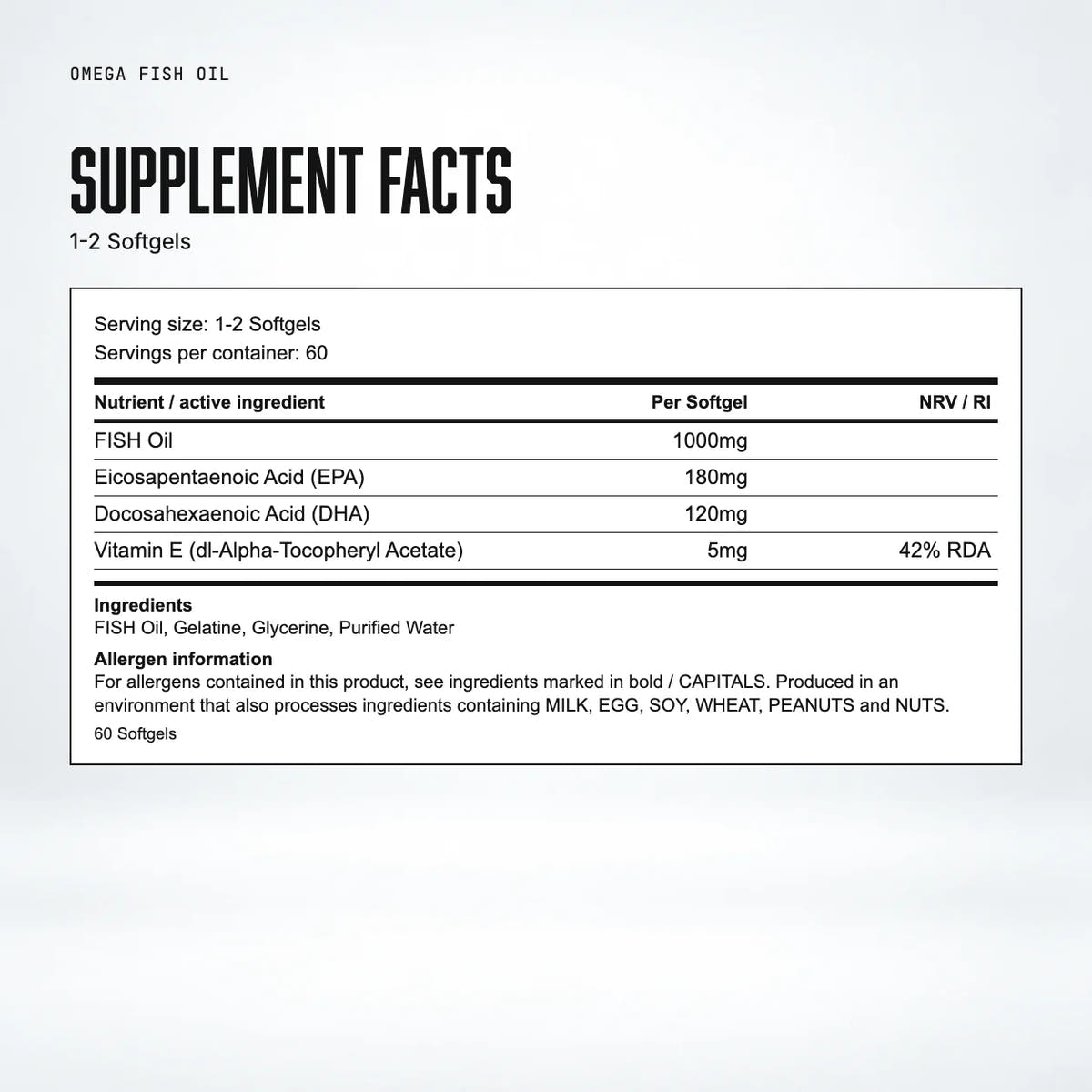 Warrior Omega 1000mg Fish Oil – 60 Softgels: supplement facts