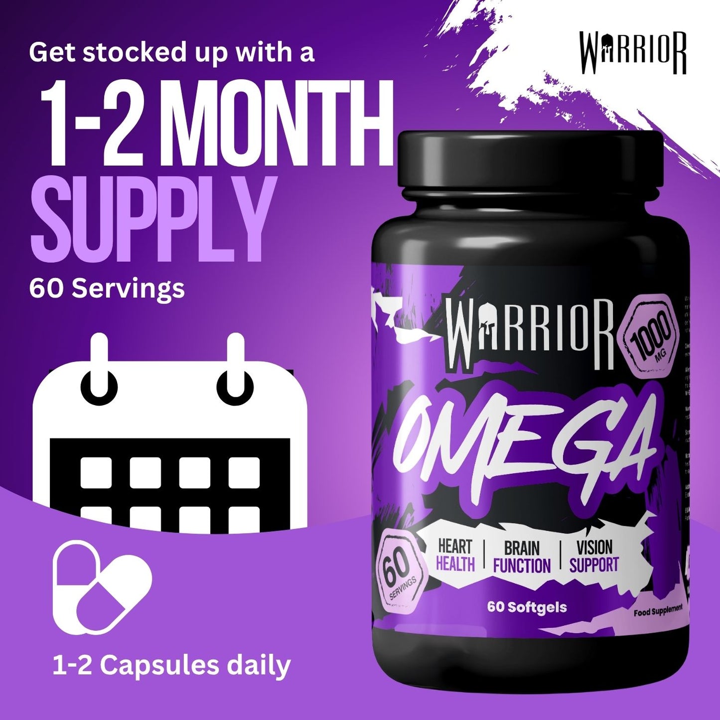 Warrior Omega 1000mg – 1 to 2 month supply, 60 servings, take 1 to 2 capsules daily