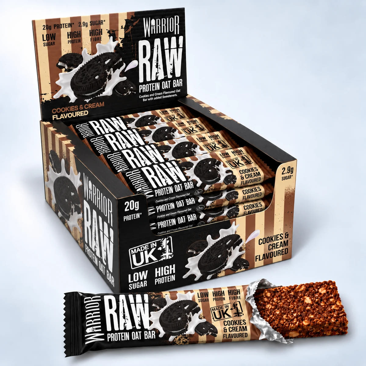 Warrior RAW Protein Oat Bar Cookies & Cream, display box and opened bar