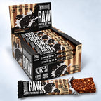 Warrior RAW Protein Oat Bar Cookies & Cream, display box and opened bar