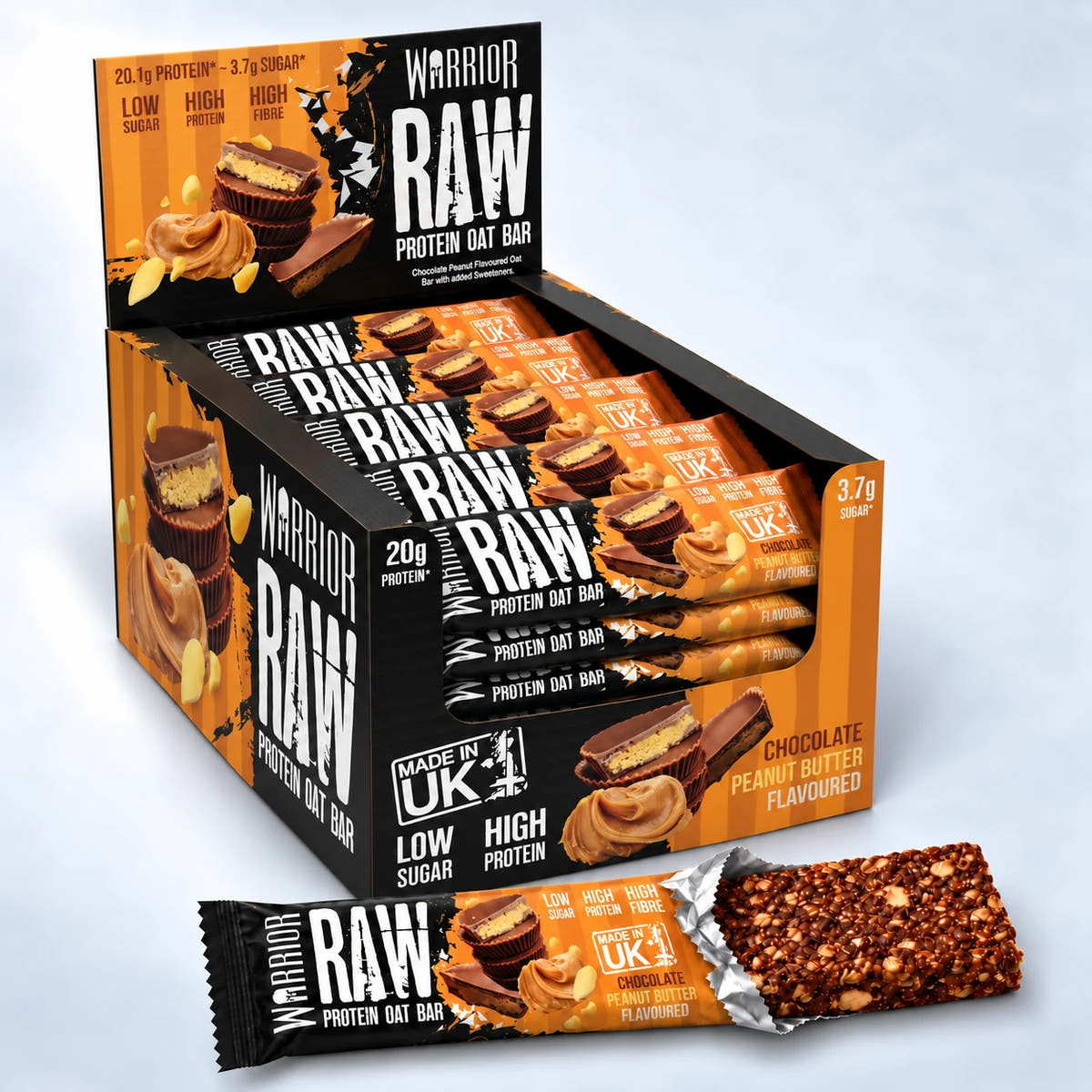 Warrior RAW Protein Oat Bar Chocolate Peanut Butter, display box and opened bar