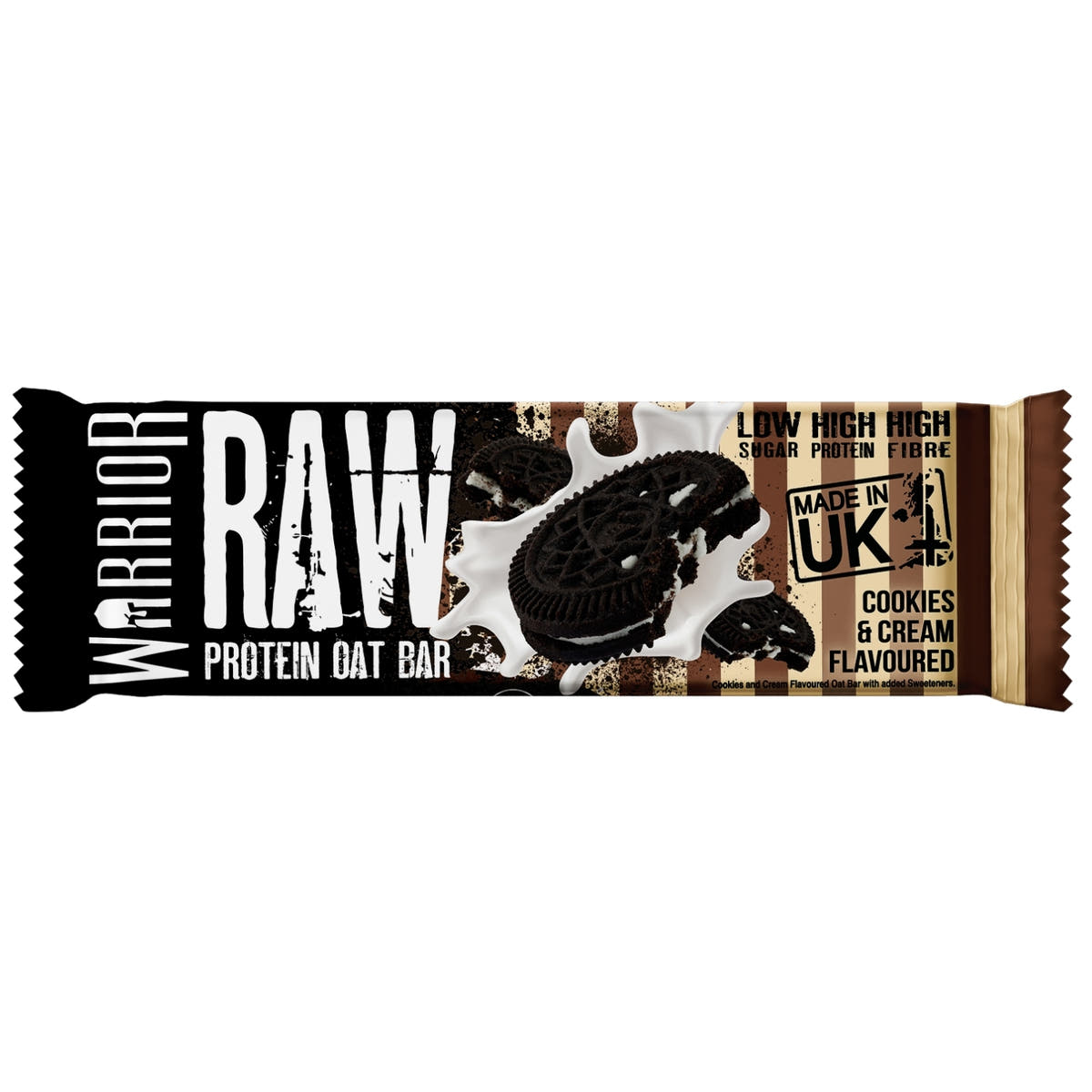 Flat pack shot of Cookies & Cream flavour RAW bar wrapper, marked Low Sugar High Protein High Fibre, Made in UK