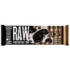 Flat pack shot of Cookies & Cream flavour RAW bar wrapper, marked Low Sugar High Protein High Fibre, Made in UK
