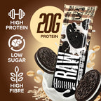 Cookies & Cream flavour RAW bar wrapper with High Protein, Low Sugar, High Fibre icon stats and a 20G Protein callout, alongside Oreo cookies and a milk splash