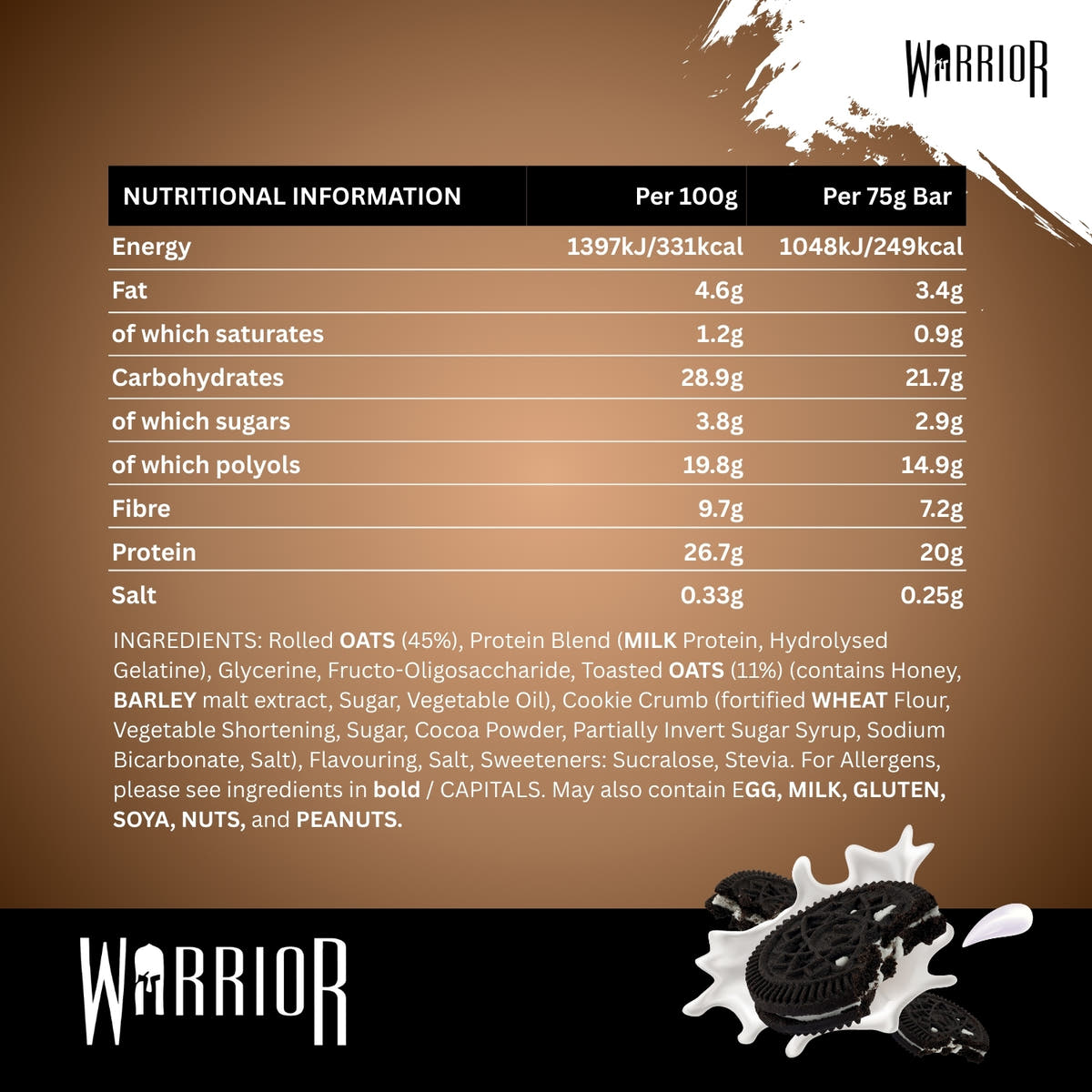 Nutritional information panel for Warrior RAW Cookies & Cream bar with Oreo cookies and milk splash image