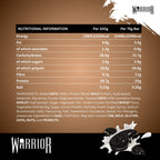 Nutritional information panel for Warrior RAW Cookies & Cream bar with Oreo cookies and milk splash image