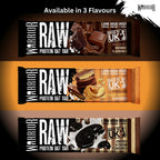 "Available in 3 Flavours" graphic showing Chocolate Brownie, Chocolate Peanut Butter and Cookies & Cream RAW bar wrappers stacked together, each marked Low Sugar High Protein High Fibre, Made in UK