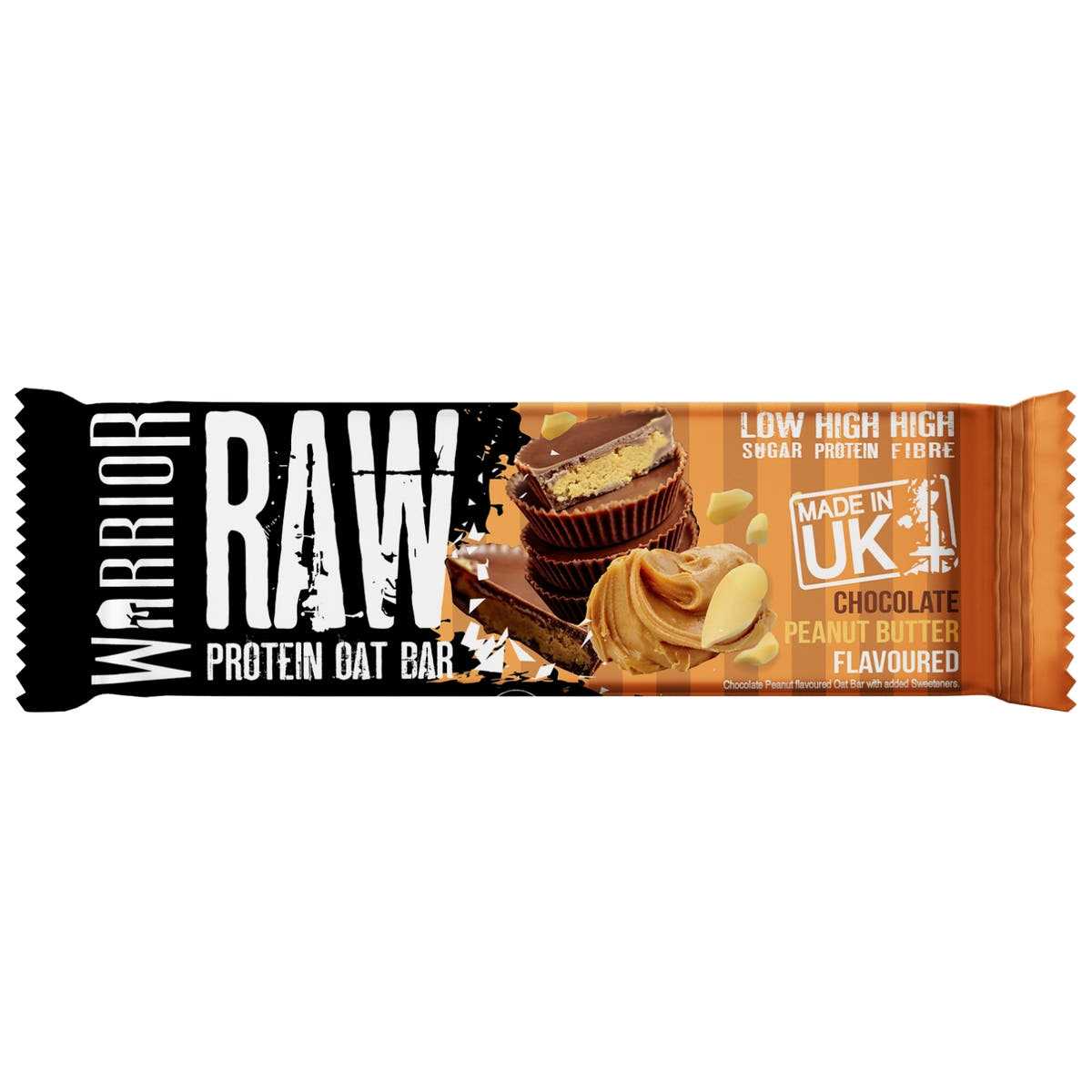 Flat pack shot of Chocolate Peanut Butter flavour RAW bar wrapper, marked Low Sugar High Protein High Fibre, Made in UK