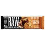 Flat pack shot of Chocolate Peanut Butter flavour RAW bar wrapper, marked Low Sugar High Protein High Fibre, Made in UK