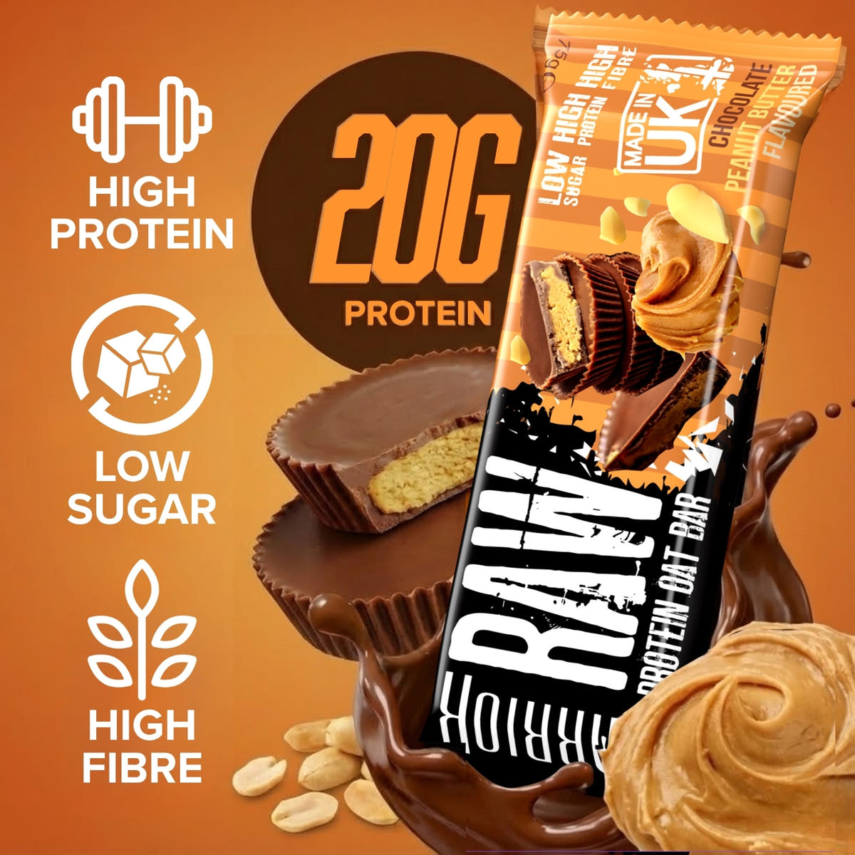 Chocolate Peanut Butter flavour RAW bar wrapper with High Protein, Low Sugar, High Fibre icon stats and a 20G Protein callout, alongside peanut butter cups and peanuts