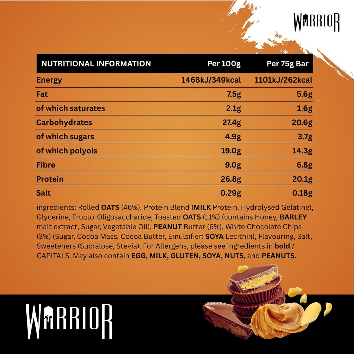 Nutritional information panel for Warrior RAW Chocolate Peanut Butter bar with peanut butter cups image