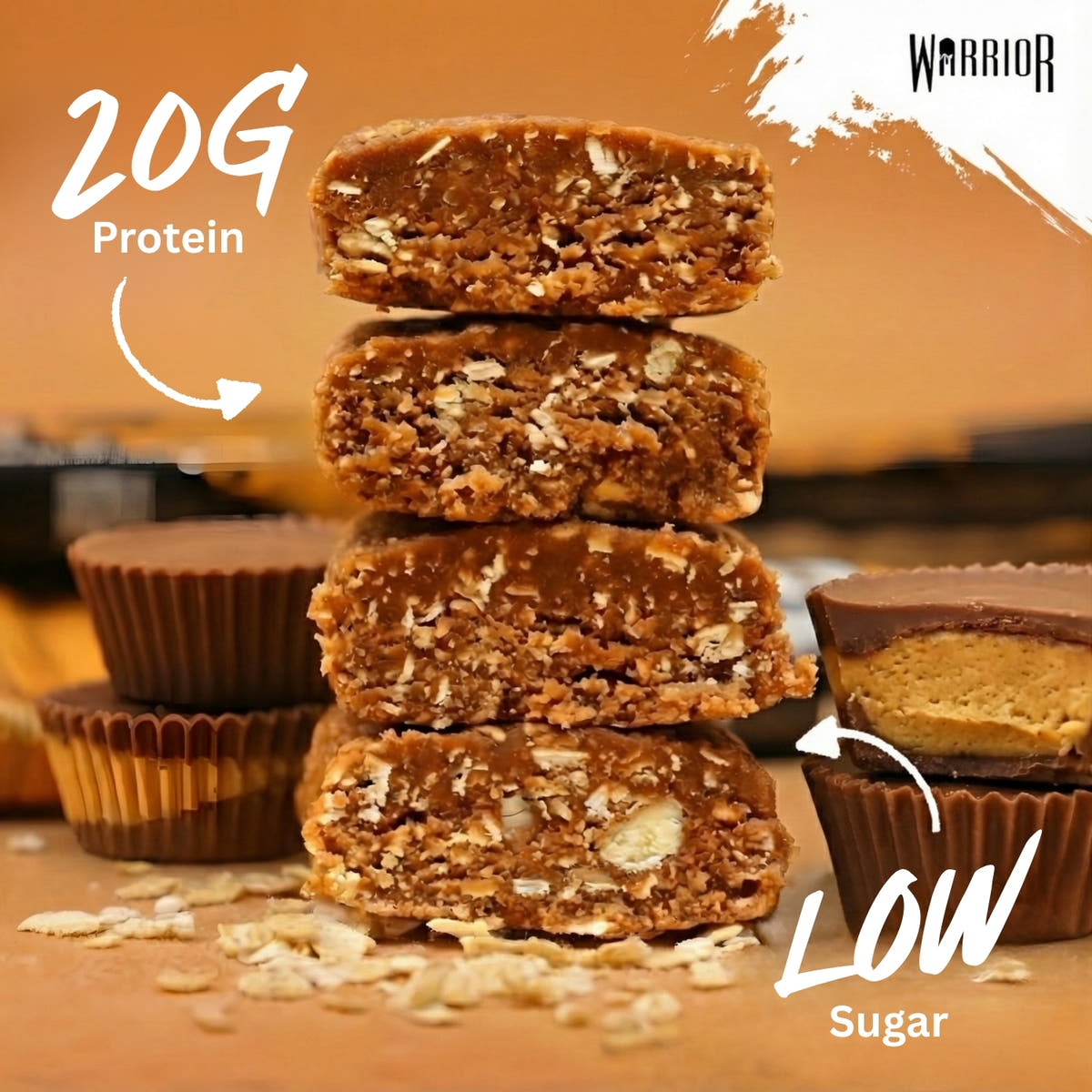 Cross-section stack of Chocolate Peanut Butter RAW bar pieces showing visible oats, with 20G Protein and Low Sugar callouts, peanut butter cups in background