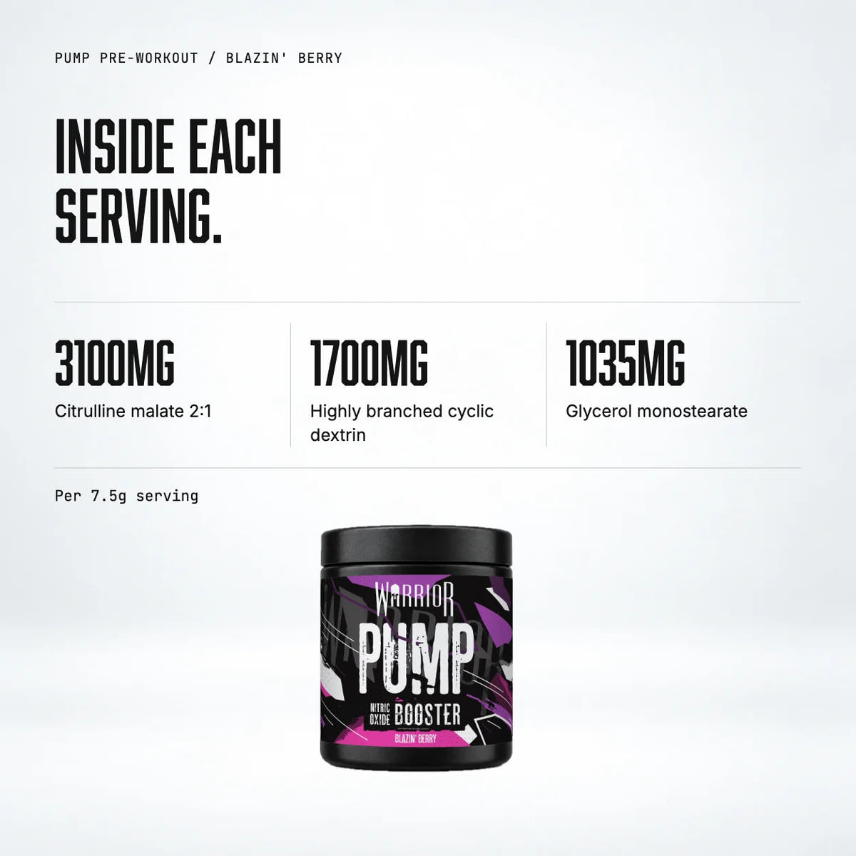 Warrior Pump Pre-Workout Powder, Blazin' Berry: macro callout