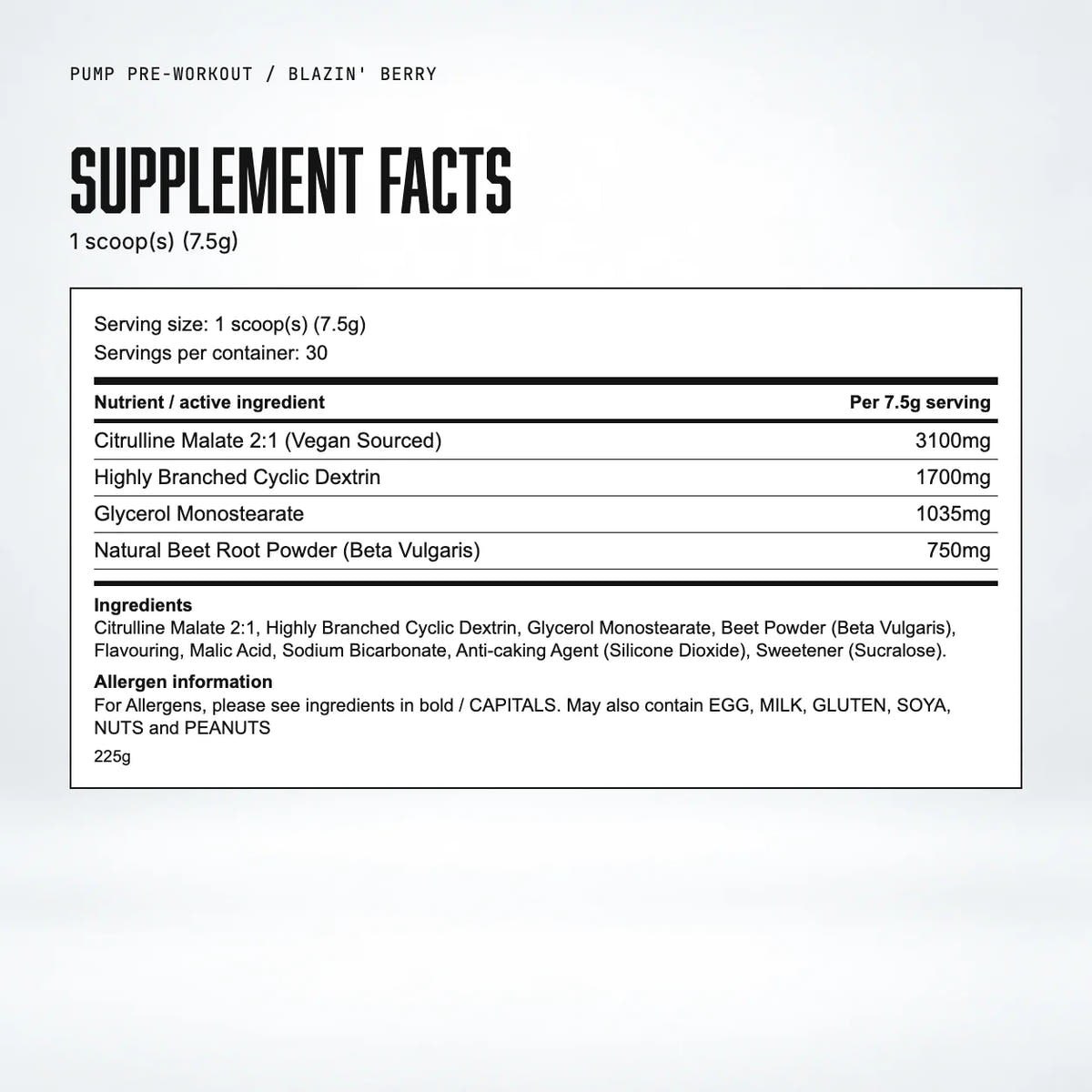 Warrior Pump Pre-Workout Powder, Blazin' Berry: supplement facts